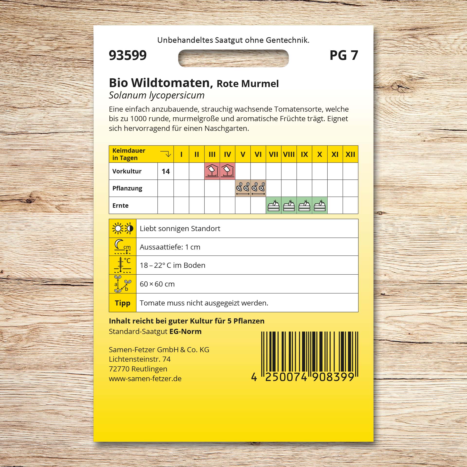 Rückseite der Samentüte Bio Wildtomaten Rote Murmel von Samen-Fetzer mit Aussaat-, Pflanz- und Erntehinweisen für aromatische, murmelgroße Wildtomaten für den Naschgarten.