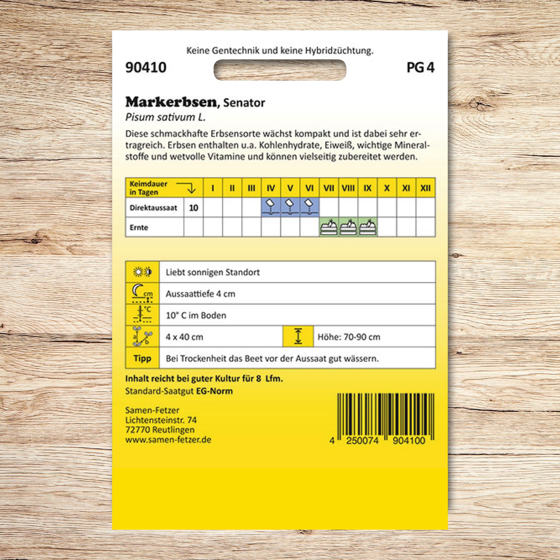 Rückseite der Samen-Fetzer Saatgutpackung Markerbsen Senator mit Aussaat- und Erntekalender, Angaben zu Standort, Aussaattiefe und Wuchshöhe der ertragreichen, vielseitig verwendbaren Erbsensorte.