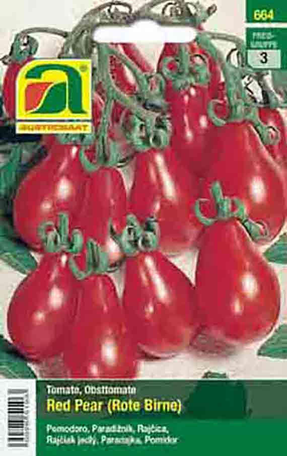 Vorderseite einer Samenpackung für Tomate 'Red Pear (Rote Birne)' mit mehreren roten, glänzenden, birnenförmigen Tomaten an Rispe und sichtbarem Markenlogo