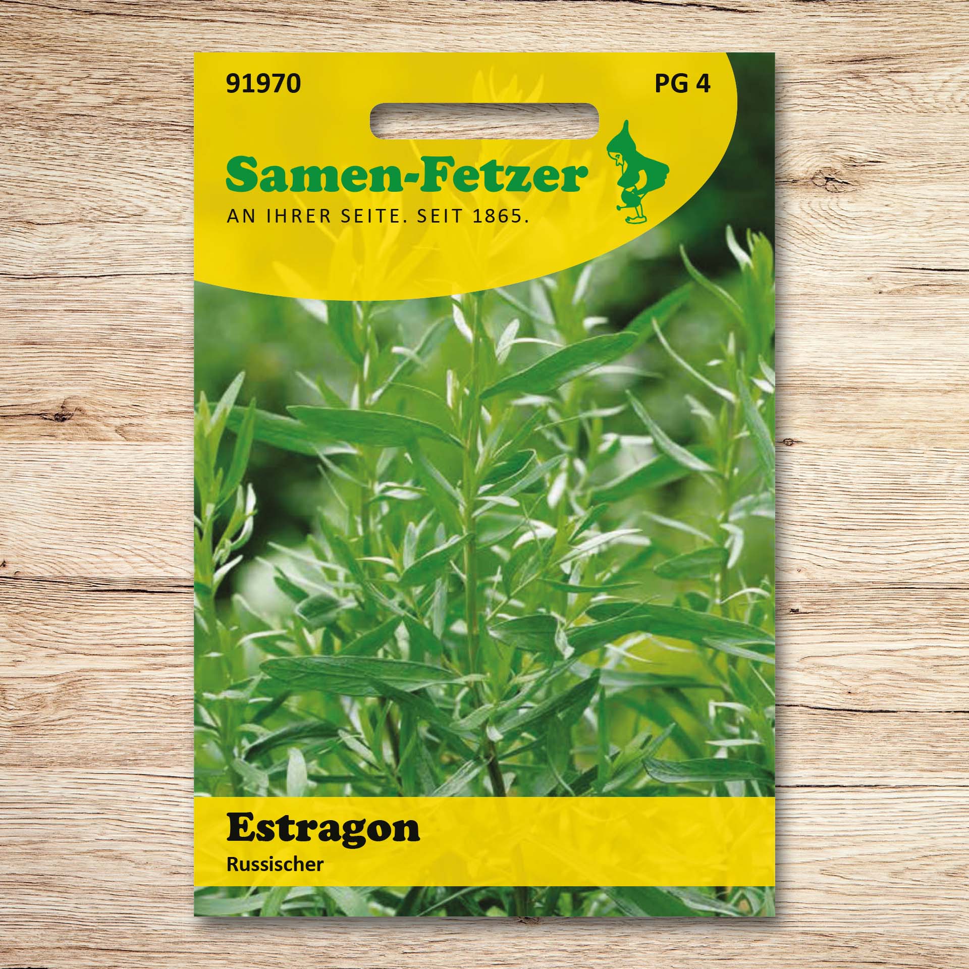 Saatgutpackung Samen-Fetzer Estragon Russischer mit dunkelgrünen, schmalen Blättern – aromatisches Küchenkraut mit süßlichem Geschmack und feiner Anisnote, ideal für Sauce Béarnaise.