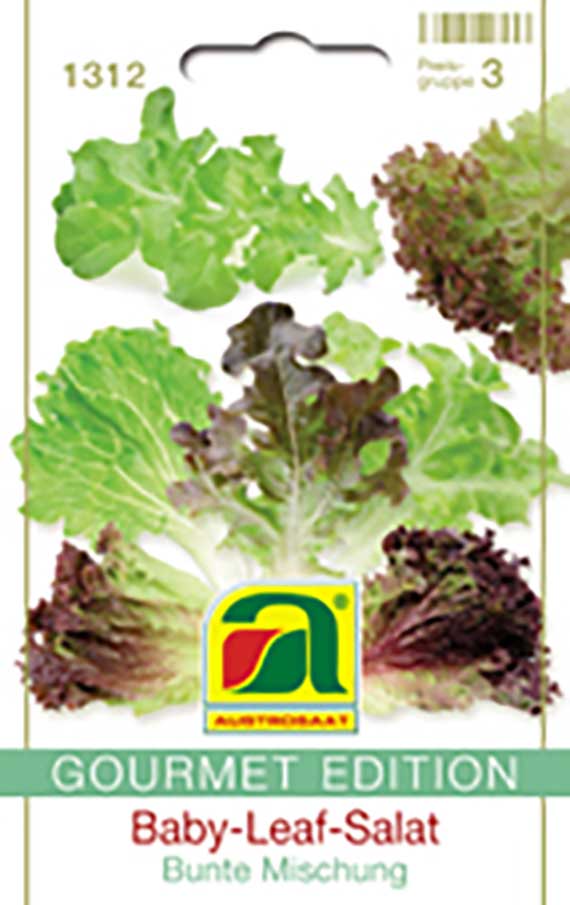 Packung Saatgut: Baby-Leaf-Salat, bunte Mischung (Gourmet Edition) mit grünen und rötlich-violetten Blättern