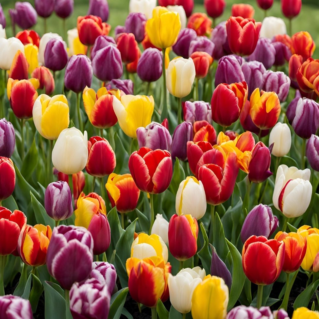 Triumph-Tulpen Prachtmischung Nahaufnahme eines Tulpenbeets mit roten, gelben, weißen und violetten Tulpen in voller Blüte