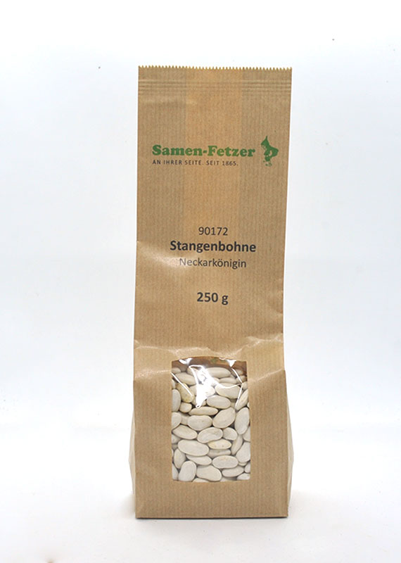 Samen-Fetzer Stangenbohne 'Neckarkönigin', 250 g Saatgut in brauner Papierverpackung mit transparentem Sichtfenster, weiße Bohnen sichtbar