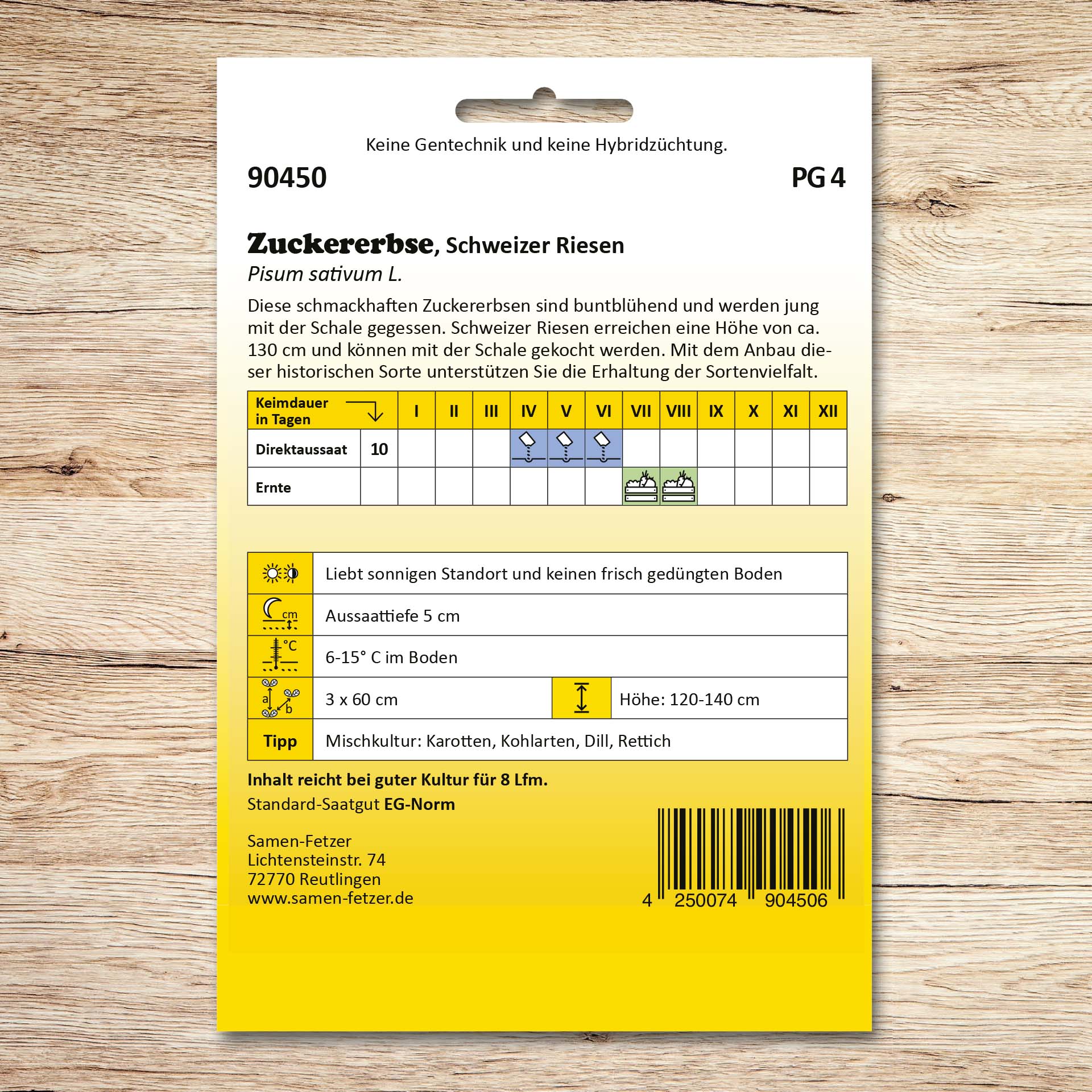 Rückseite der Samen-Fetzer Saatgutpackung Zuckererbsen Schweizer Riesen mit Aussaat- und Erntekalender, Anbauhinweisen zur historischen, buntblühenden Zuckererbse, jung mit Schale essbar, Wuchshöhe ca. 130 cm.