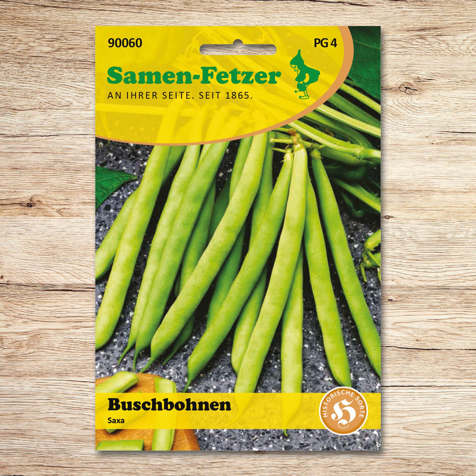Saatgut-Packung Buschbohnen Saxa von Samen-Fetzer mit frischen grünen, mittellangen Hülsen – robuste, frühreife, fadenlose Bohnensorte für Gemüse, Salate und Einmachen