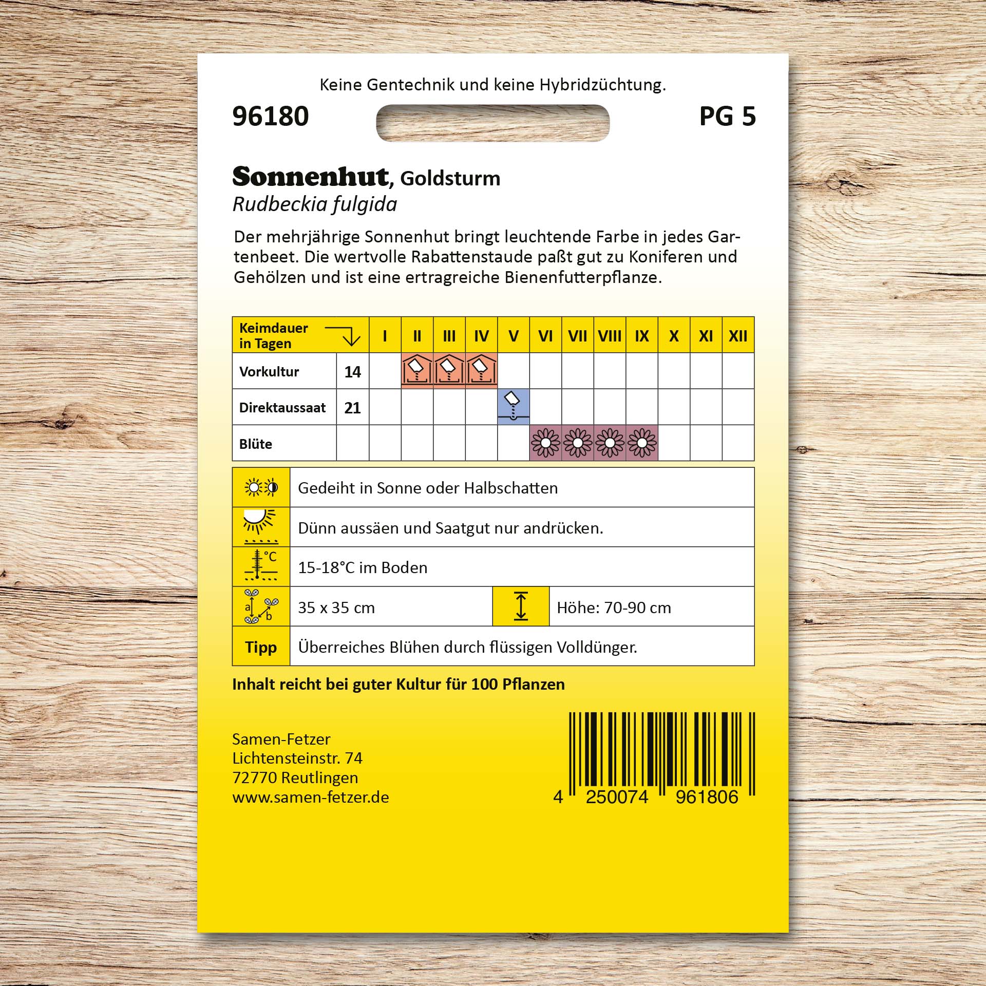 Rückseite der Samenpackung Sonnenhut Goldsturm von Samen-Fetzer mit Infos zu Aussaat, Blüte und Pflege der winterharten Rabattenstaude mit goldgelben Blüten und dunkler Mitte