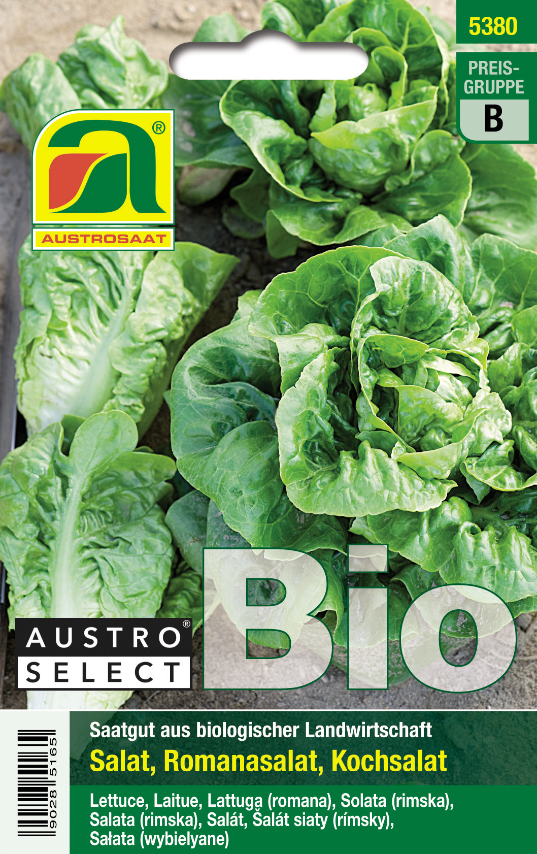Saatgut-Packung Austrosaat Bio Romanasalat (Kochsalat) mit Foto grüner Römersalatköpfe, AustroSelect-Logo, Texthinweis "Saatgut aus biologischer Landwirtschaft" und Preisgruppe B