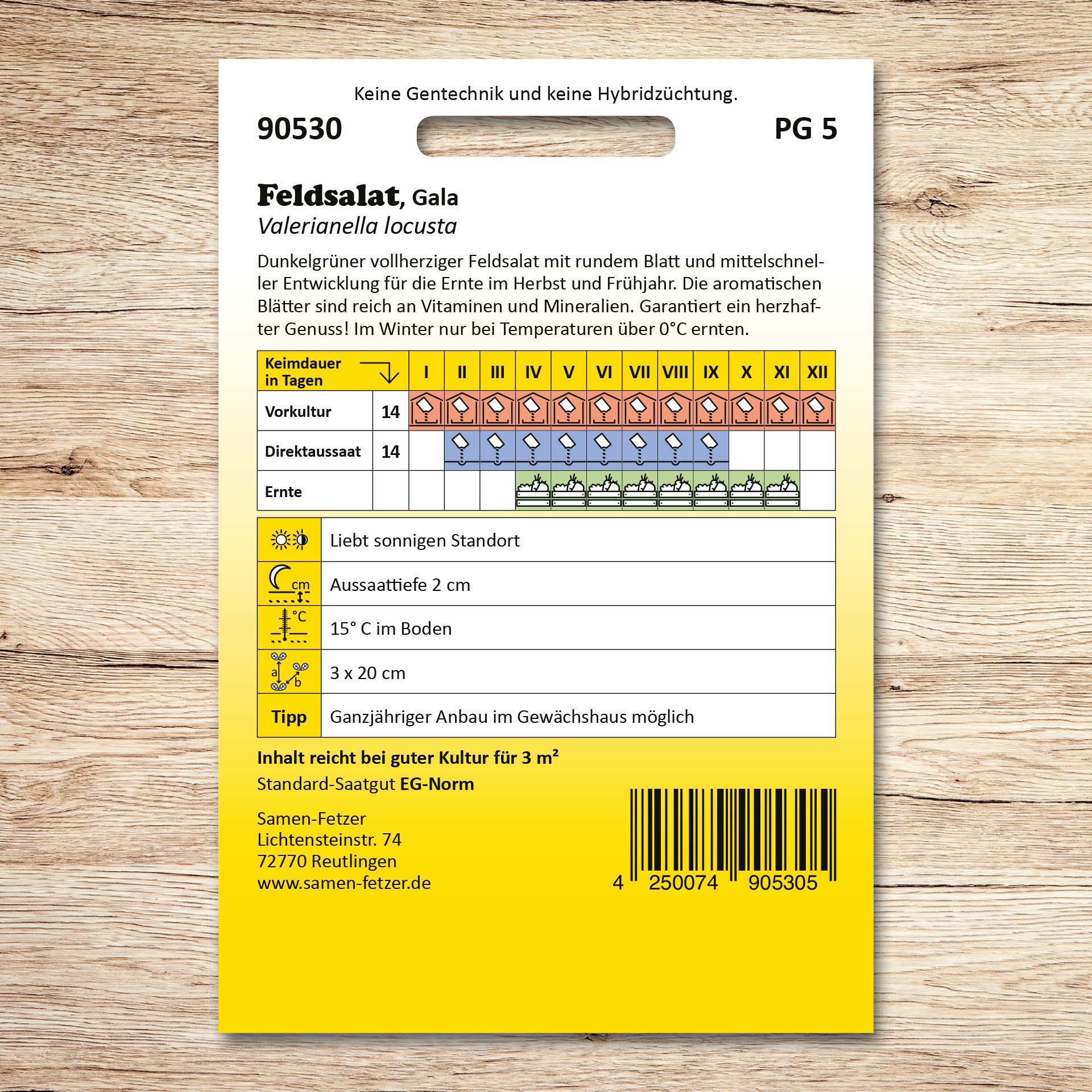 Rückseite der Saatgutpackung Feldsalat Gala von Samen-Fetzer mit Anbaukalender, Aussaat- und Erntehinweisen für aromatischen, vollherzigen Ackersalat mit rundem Blatt.