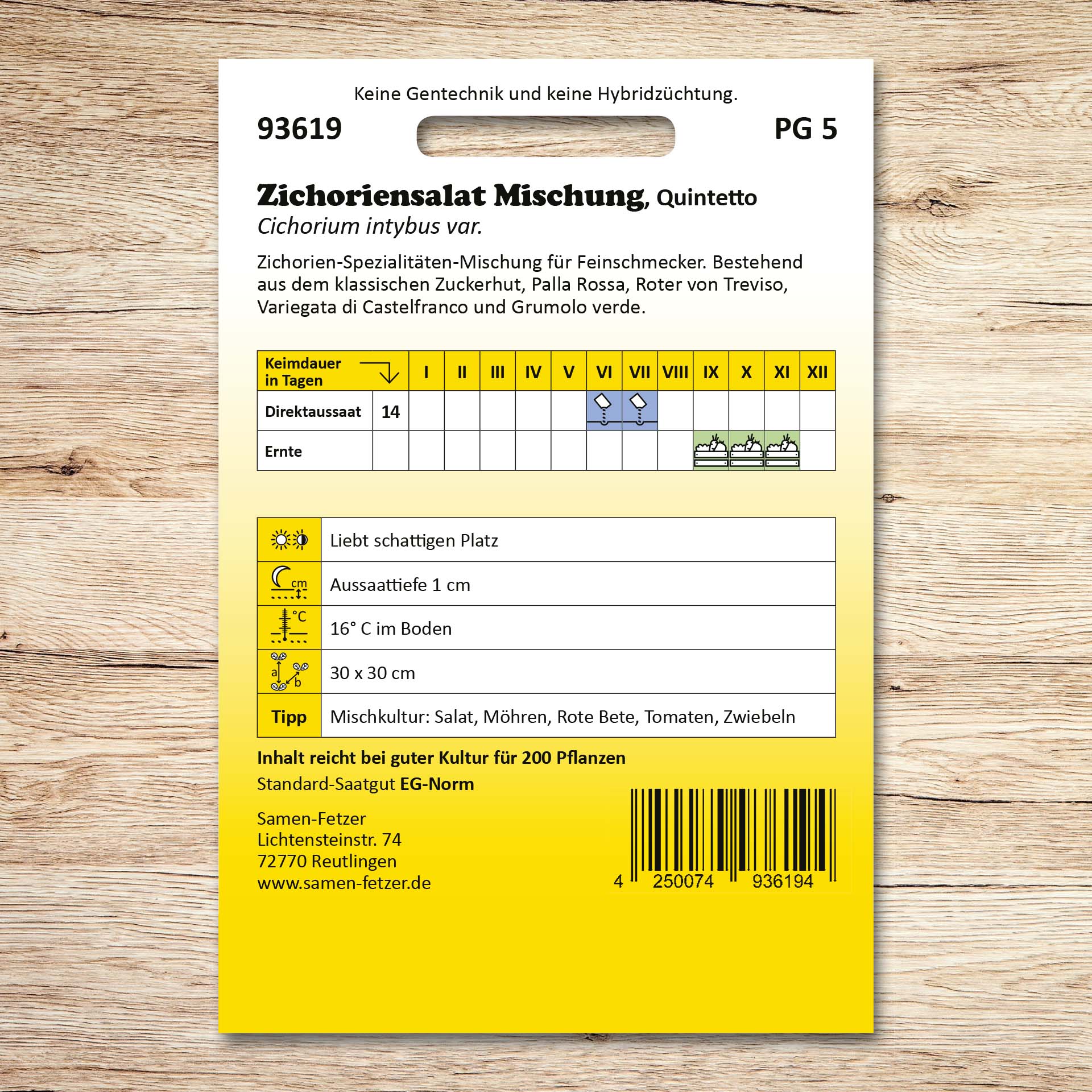 Rückseite der Saatgutpackung Zichoriensalat Quintetto Mischung von Samen-Fetzer mit Aussaat- und Erntehinweisen zur Spezialitäten-Mischung aus Zuckerhut, Palla Rossa, Roter von Treviso, Variegata di Castelfranco und Grumolo verde