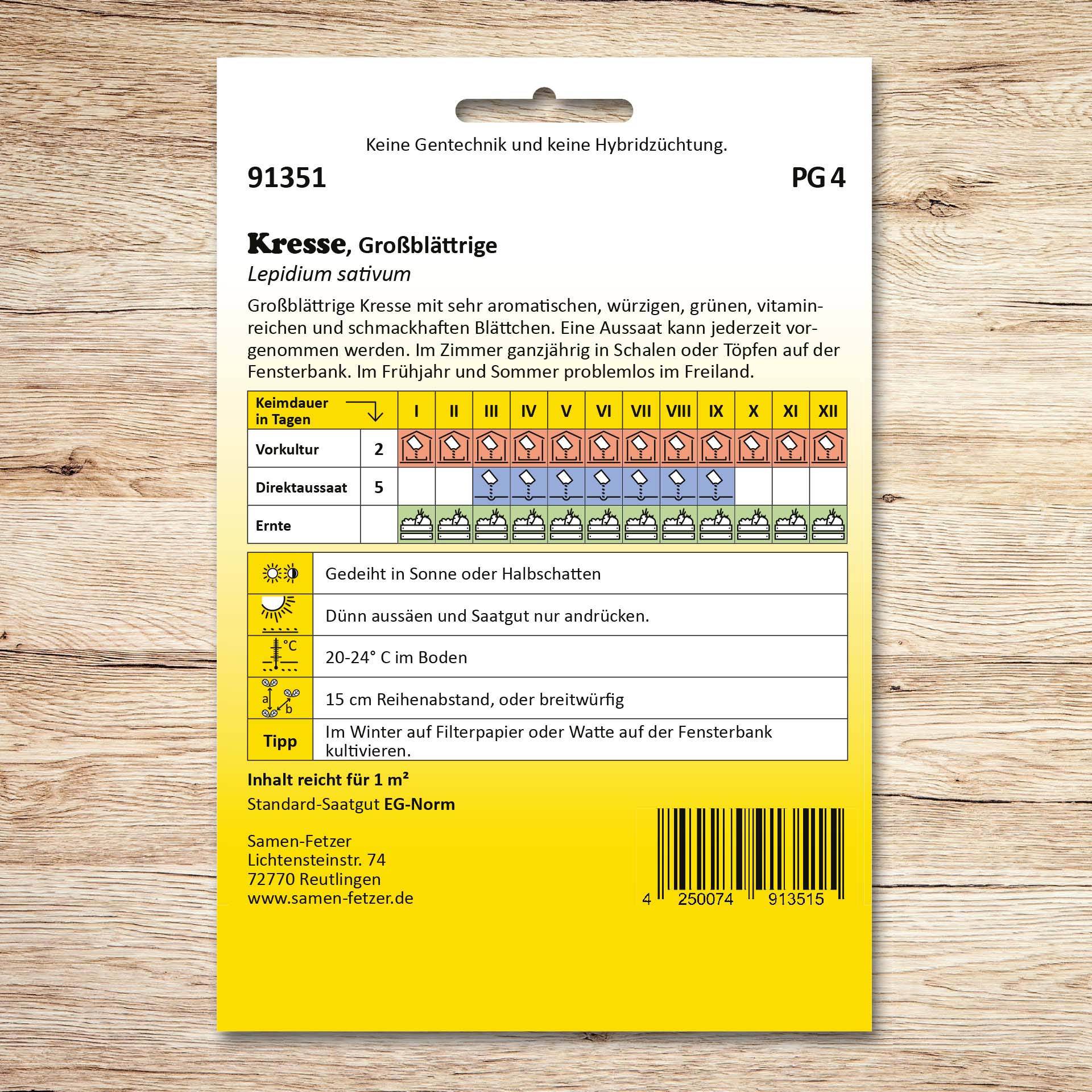 Rückseite der Samen-Fetzer Saatgutpackung Kresse Großblättrige mit Aussaatkalender, Erntezeiten und Hinweisen zum Anbau auf Fensterbank oder im Freiland.