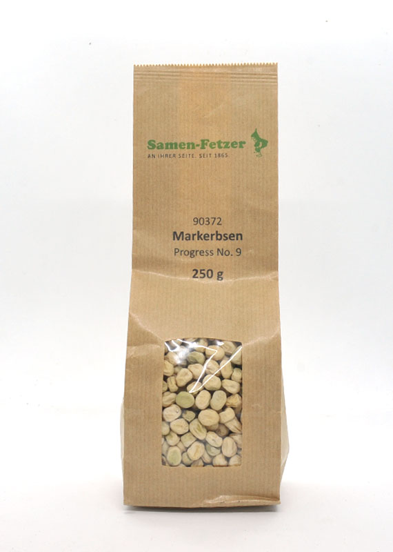 Verpackung Samen-Fetzer Markerbsen Progress No. 9, 250 g – Profi-Saatgut für dunkelgrüne, langhülsige Erbsen mit großen, süßen Körnern