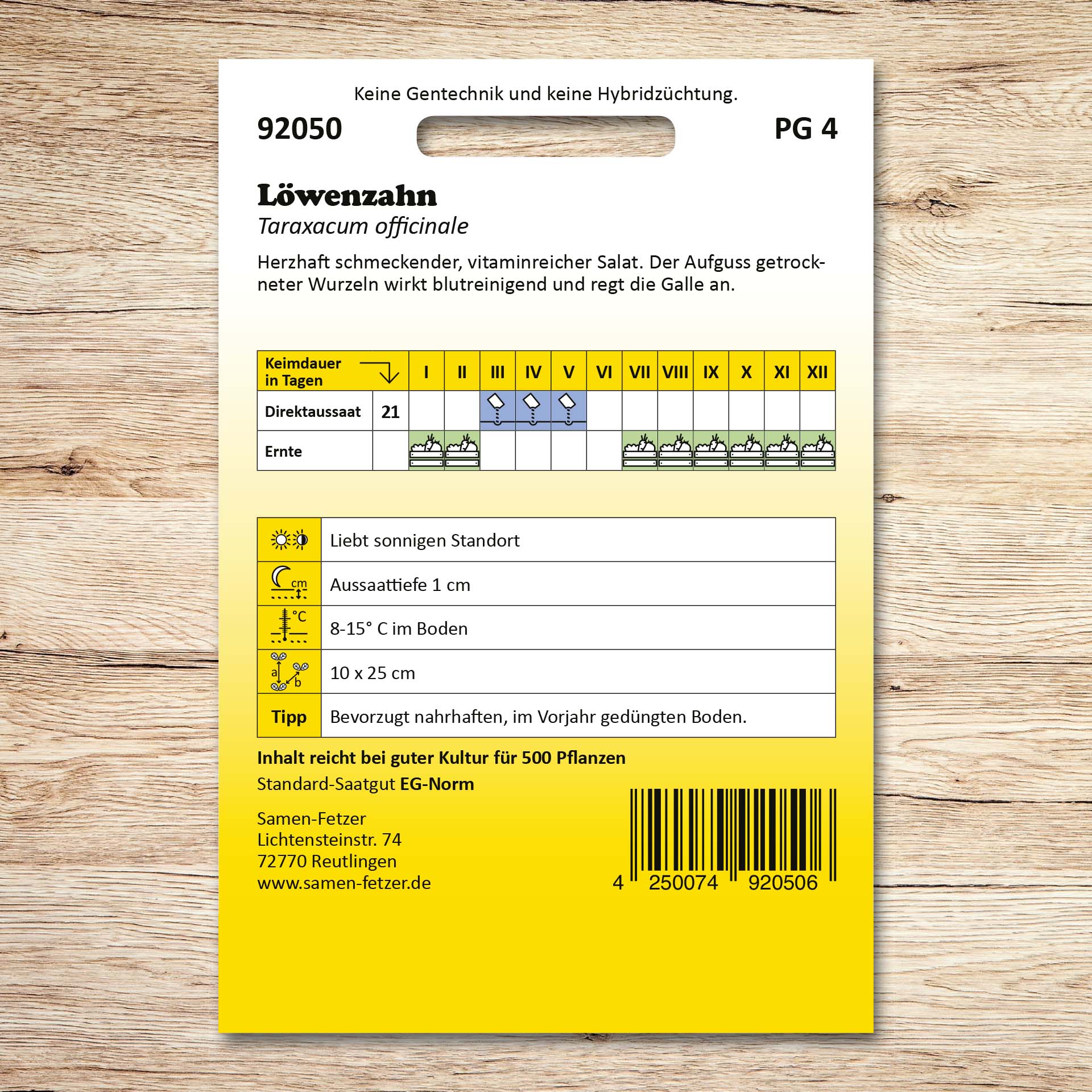 Rückseite der Samenpackung Löwenzahn von Samen-Fetzer mit Aussaat-, Ernte- und Standortangaben für vitaminreiches Blattgemüse und Salat.
