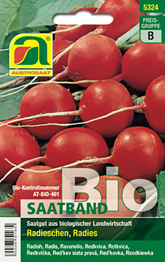 Packung Austrosaat Bio-Saatband Radieschen mit Foto roter Radieschen, Bio-Kontrollnummer AT-BIO-401, Preisgruppe B (Artikel 5324), Hinweis: Saatgut aus biologischer Landwirtschaft