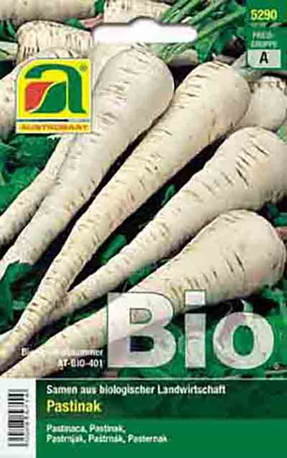 Verpackung von Bio-Pastinakensamen mit großen weißen Pastinakenabbildungen und dem Schriftzug 'Bio' auf grünem Hintergrund