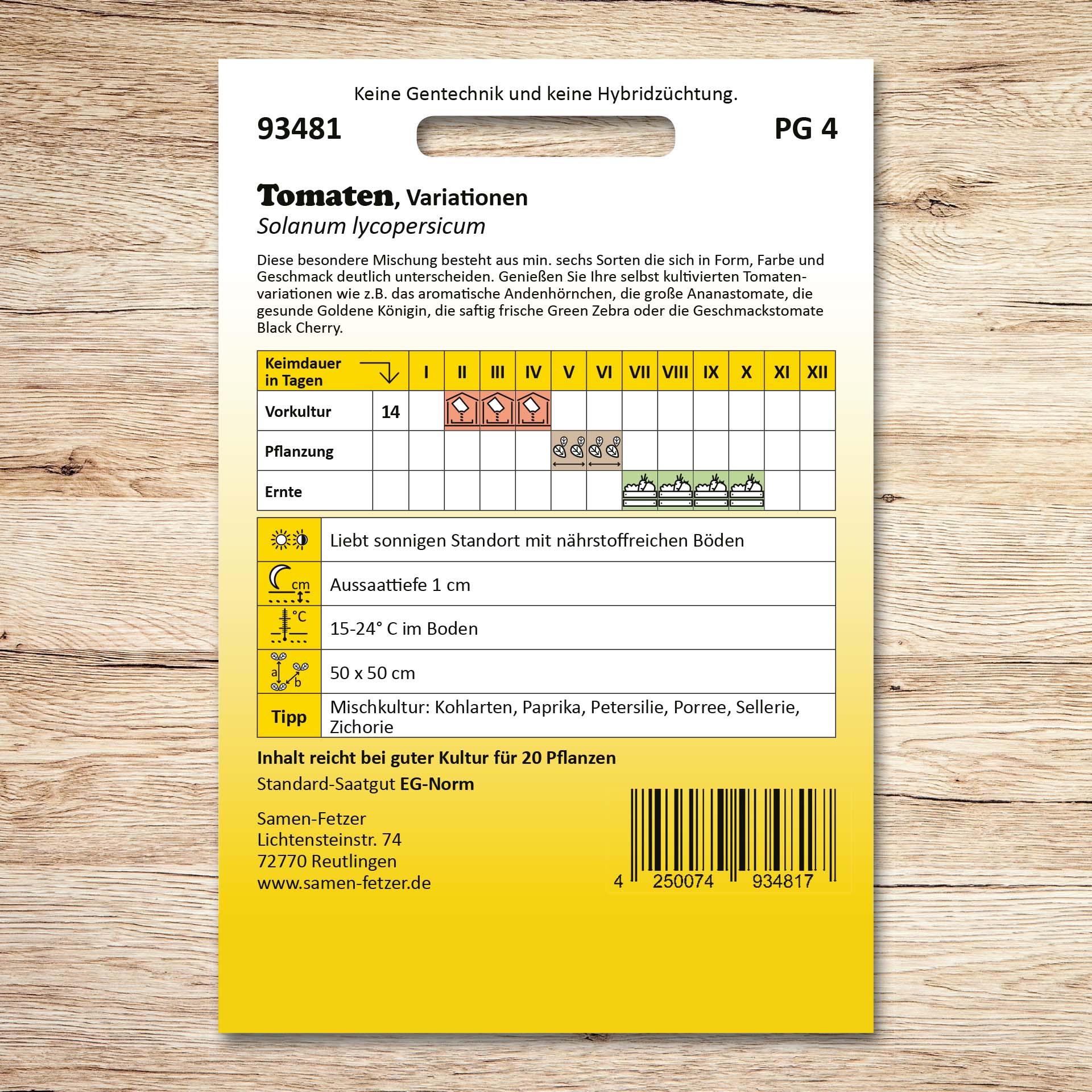 Rückseite der Samenpackung Tomaten Variationen von Samen-Fetzer mit Aussaat- und Erntehinweisen für eine Mischung aus mindestens sechs Tomatensorten in verschiedenen Formen, Farben und Geschmacksrichtungen.