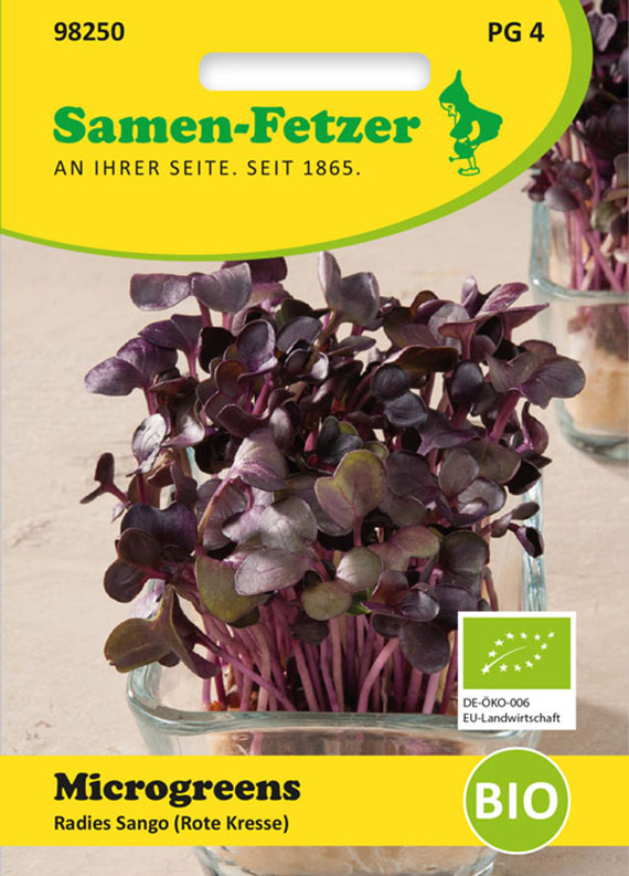 Samen-Fetzer Microgreens Radies Sango (Rote Kresse) – Nahaufnahme der Verpackung mit dunkelroten Kresse-Microgreens in Glasbehältern, gelbes Design und BIO-Logo