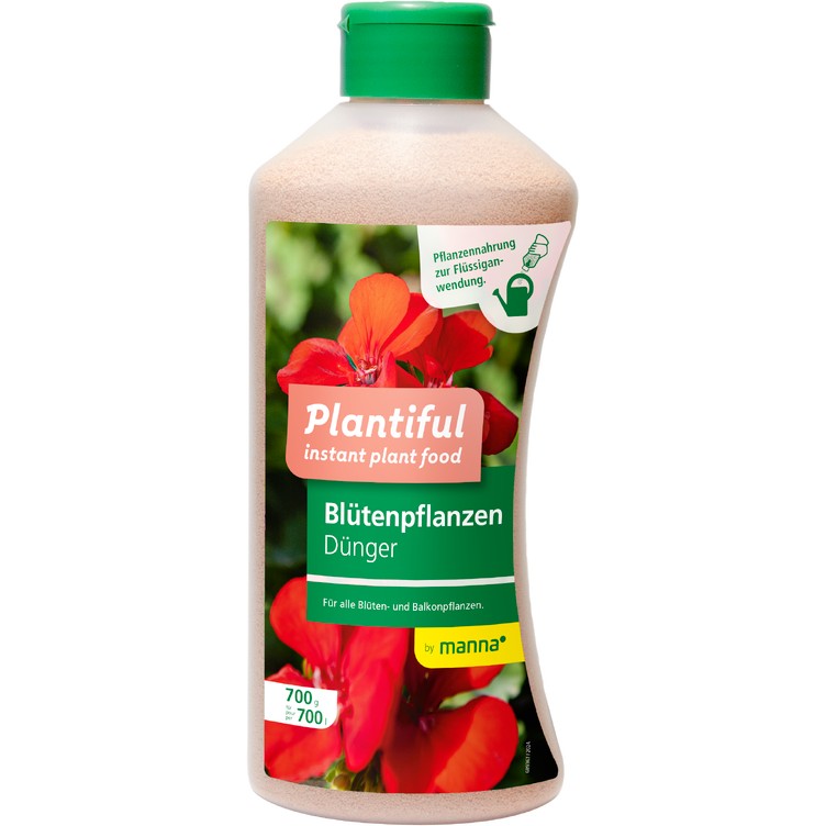 Flasche Plantiful Blütenpflanzen-Dünger 700 g mit grünem Schraubverschluss und Etikett mit roten Blüten; geeignet für Balkon- und Topfblumen