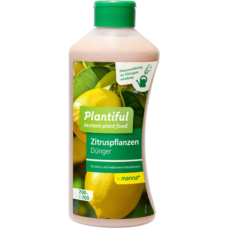 Flasche Plantiful Zitronen-Dünger mit Lemons und grünen Blättern