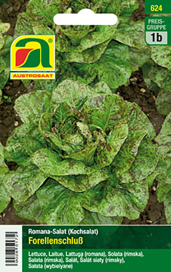 Vorderseite einer Saatgut-Tüte für Romana-Salat 'Forellenschluß' von Austrosaat, mit Foto mehrerer grün-rot gefleckter Salatköpfe, Logo und Produktbezeichnung.