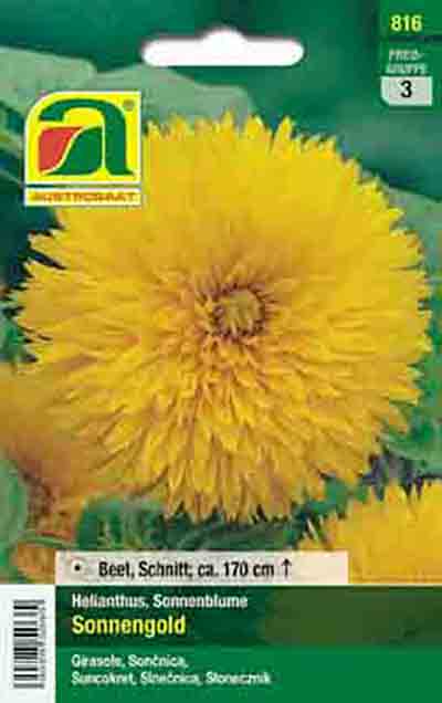Packung mit Samen der Sonnenblume 'Sonnengold' (Helianthus) zeigt große gefüllte gelbe Blüte, Herstellerlogo und Hinweis: Beet, Schnitt, Wuchshöhe ca. 170 cm