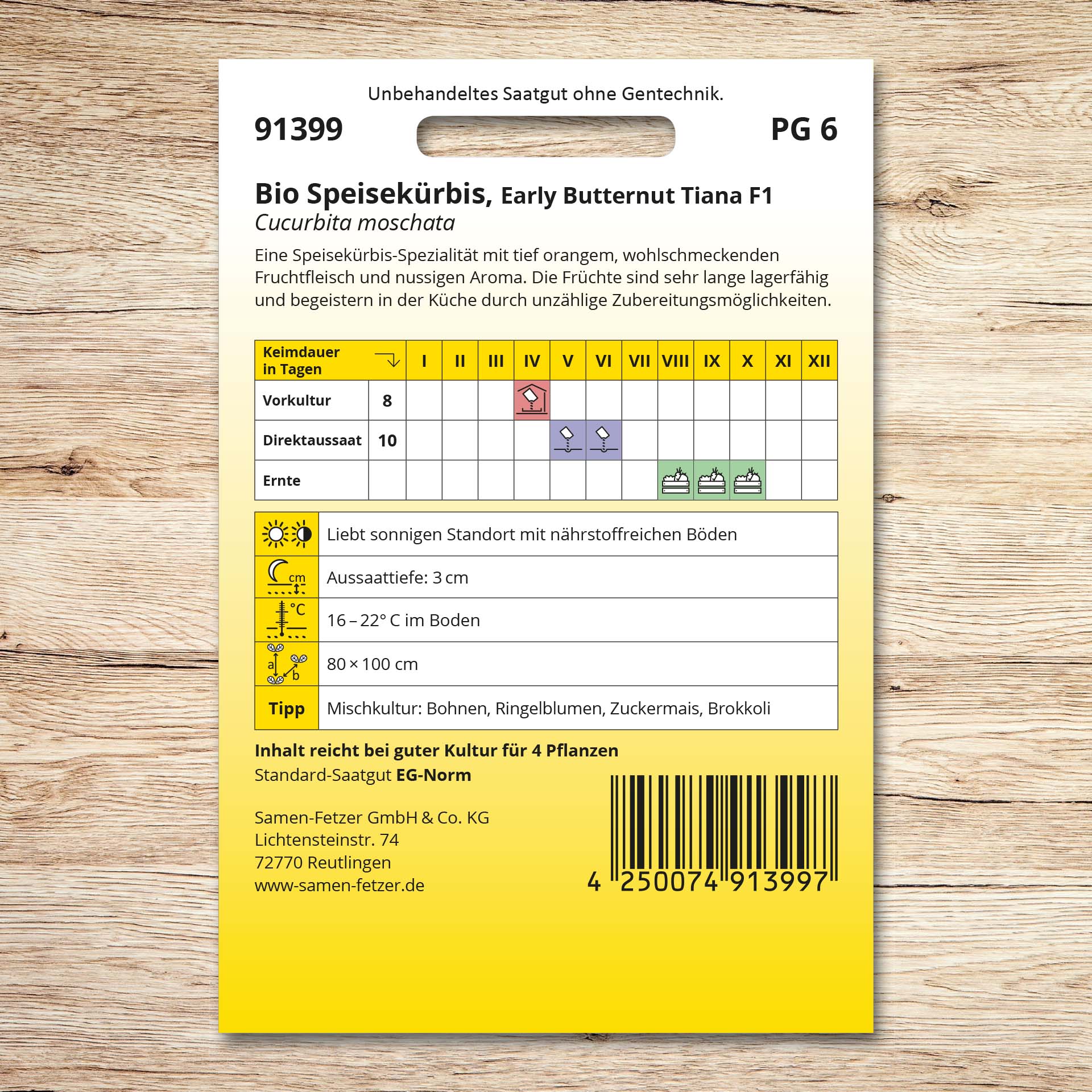 Rückseite der Saatgutpackung Bio Speisekürbis Early Butternut Tiana F1 mit Aussaatkalender, Anbauhinweisen und Infos zu orangefarbenem, nussigem Fruchtfleisch sowie langer Lagerfähigkeit.