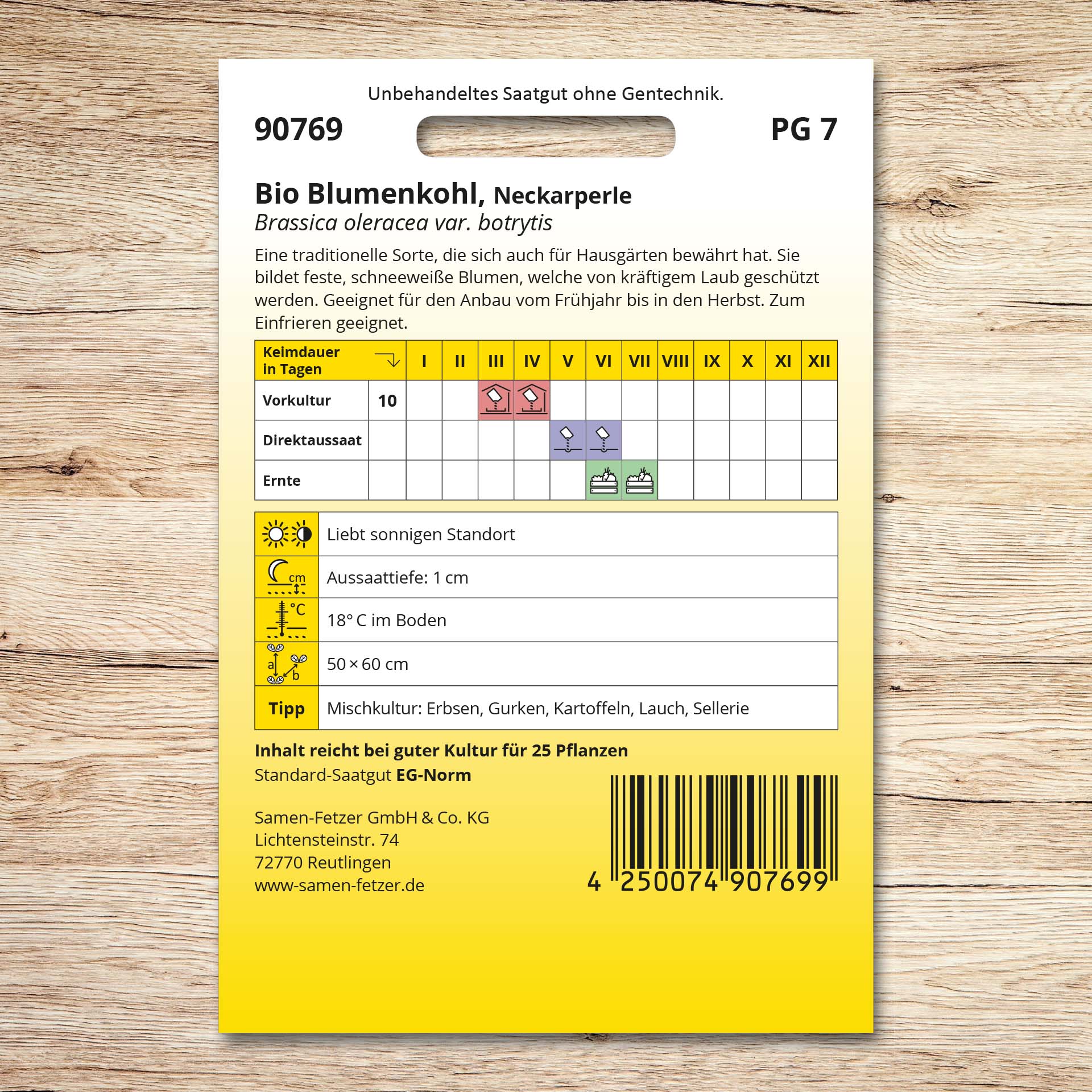 Rückseite der Saatgutpackung Blumenkohl (Bio) Neckarperle von Samen-Fetzer mit Aussaatkalender, Anbauhinweisen und Infos zur traditionellen Sorte mit festen, schneeweißen Blumen.
