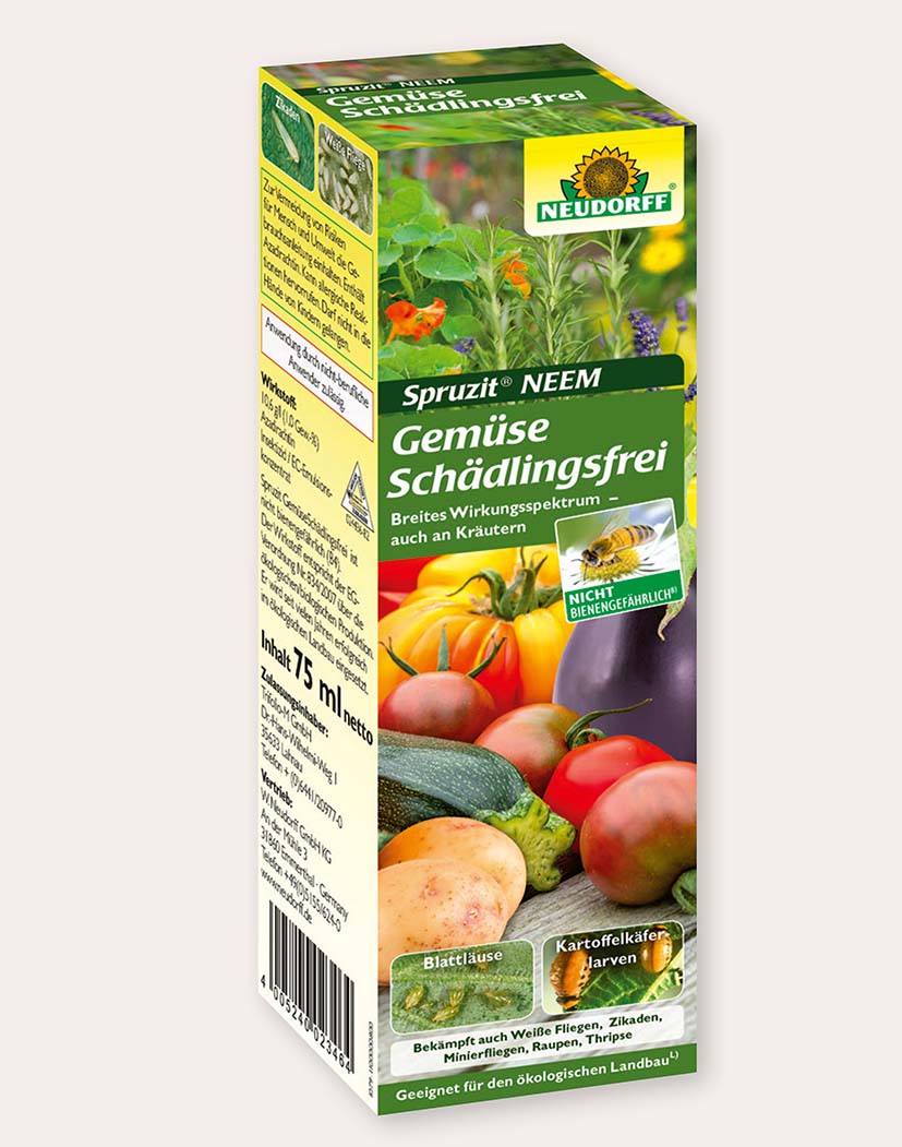 Produktverpackung Neudorff Spruzit NEEM Gemüse Schädlingsfrei, mit Tomaten, Zucchini und weiteren Gemüsedarstellungen, Hinweis 'Nicht bienengefährlich', Inhalt 75 ml