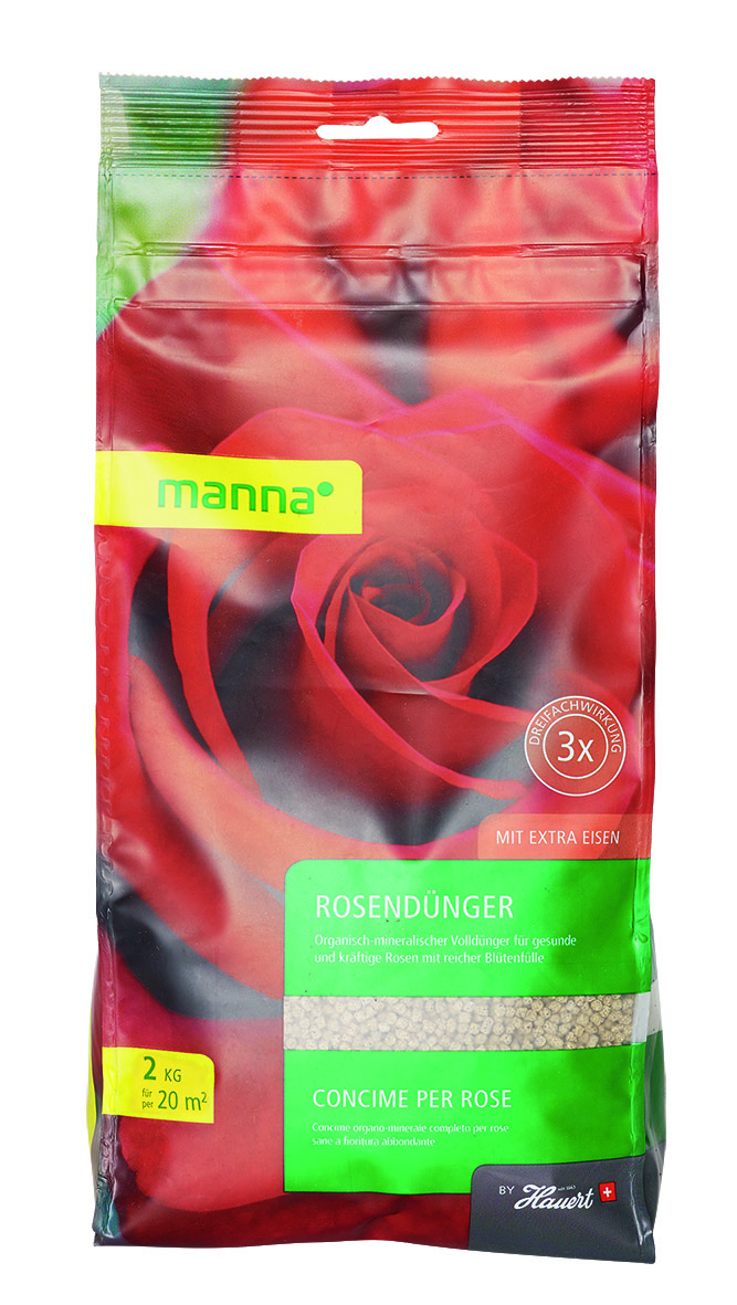 Packung Manna Rosendünger 2 kg mit rotem Rosenmotiv, grünem Etikett und Sichtfenster; organisch-mineralischer Volldünger