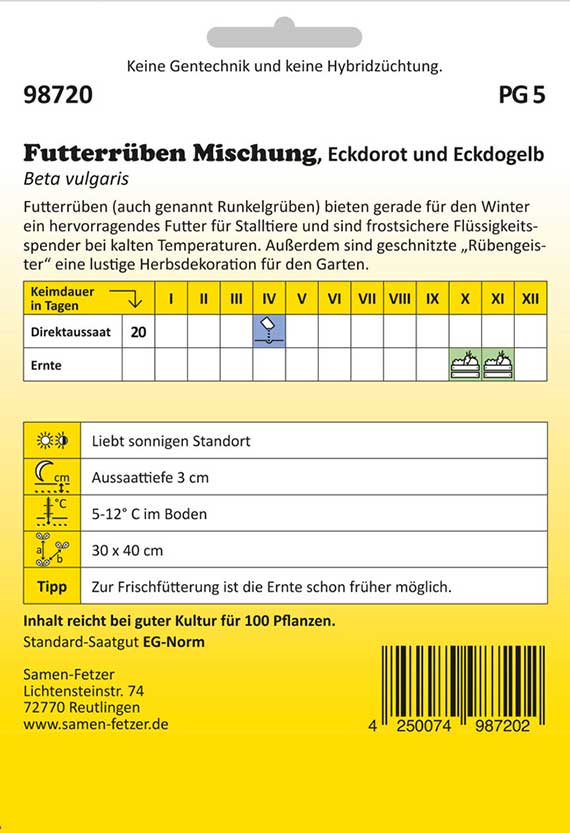 Rückseite Samenpackung Futterrüben Mischung 'Eckdorot und Eckdogelb' (Beta vulgaris) mit Aussaatinformationen: Direktsaat, Keimdauer 20 Tage, Aussaattiefe 3 cm, Bodentemperatur 5–12°C, Pflanzabstand 30×40 cm, Inhalt reicht für ca. 100 Pflanzen