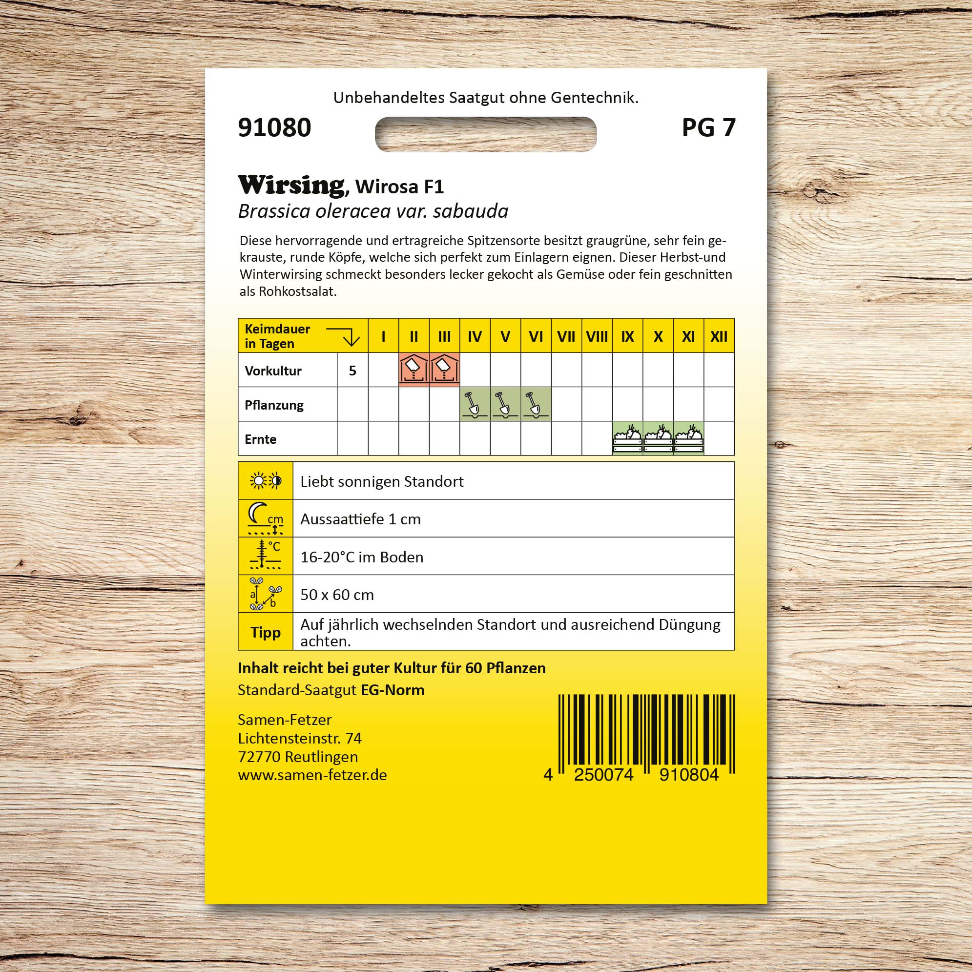 Rückseite der Samen-Fetzer Saatgutverpackung Wirsing Wirosa F1 mit Aussaat-, Pflanz- und Erntehinweisen für haltbaren Herbst- und Winterwirsing.