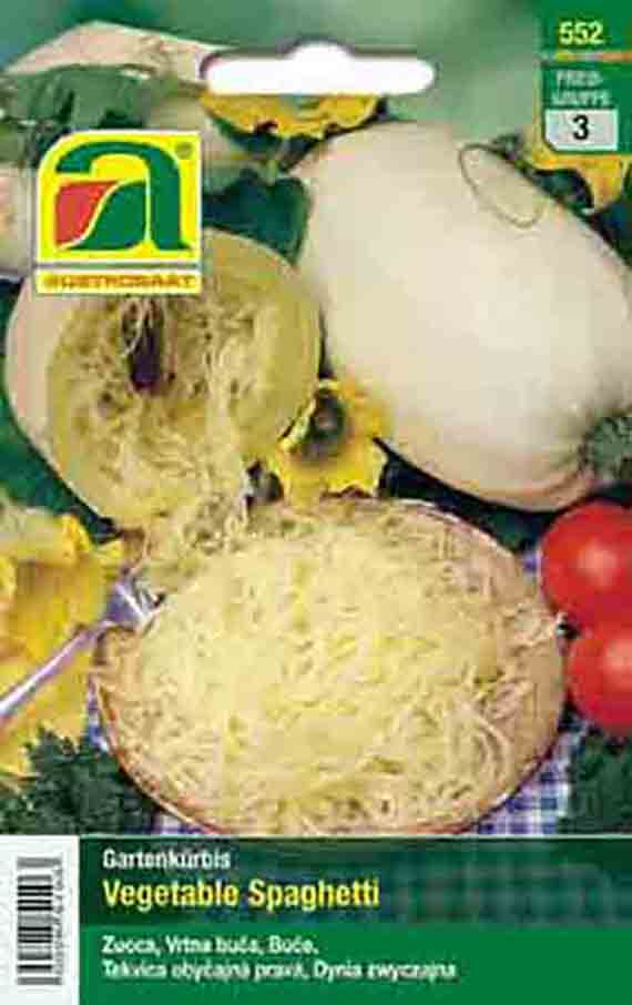 Vorderseite einer Samenpackung für Gartenkürbis 'Vegetable Spaghetti': aufgeschnittener Spaghettikürbis mit spaghettiartigem Fruchtfleisch, Markenlogo und Tomaten im Vordergrund.