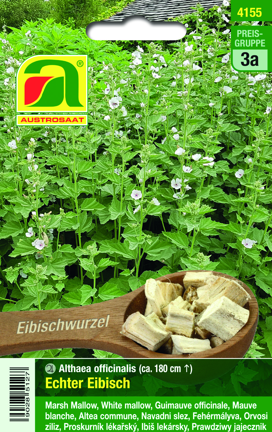 Saatgut-Packung 'Echter Eibisch' (Althaea officinalis) von Austrosaat mit dichtem grünen Pflanzenbestand, kleinen weißen Blüten, getrockneten Wurzelstücken in einem Holzlöffel und Produktnummer 4155