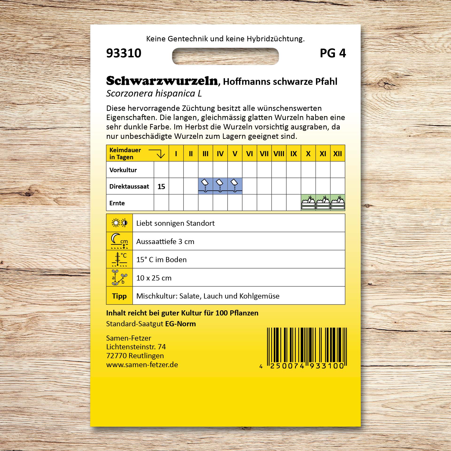Rückseite der Saatgutpackung Schwarzwurzeln Hoffmanns schwarze Pfahl mit Anbauinfos zu Direktaussaat, sonnigem Standort, 3 cm Aussaattiefe und Ernte der langen, glatten, dunkel gefärbten Wurzeln.