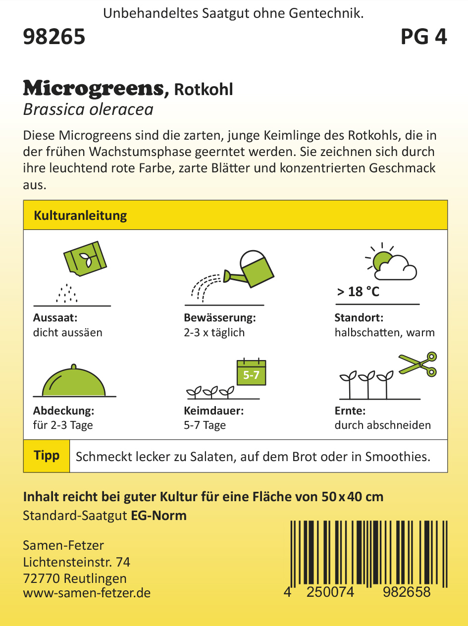 Produktbild: Packung Microgreens Rotkohl Samen von Samen-Fetzer mit Kulturanleitung (Aussaat dicht, Bewässerung 2–3× täglich, Abdeckung 2–3 Tage, Standort halbschatten, Ernte durch Abschneiden)