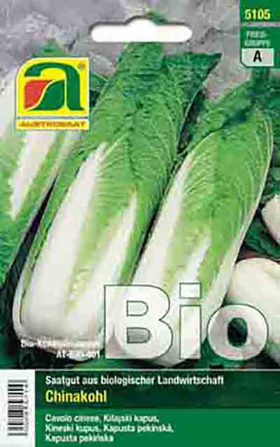 Packung Bio-Saatgut für Chinakohl mit Abbildung zweier Chinakohlköpfe, Markenlogo und großem Schriftzug "Bio"