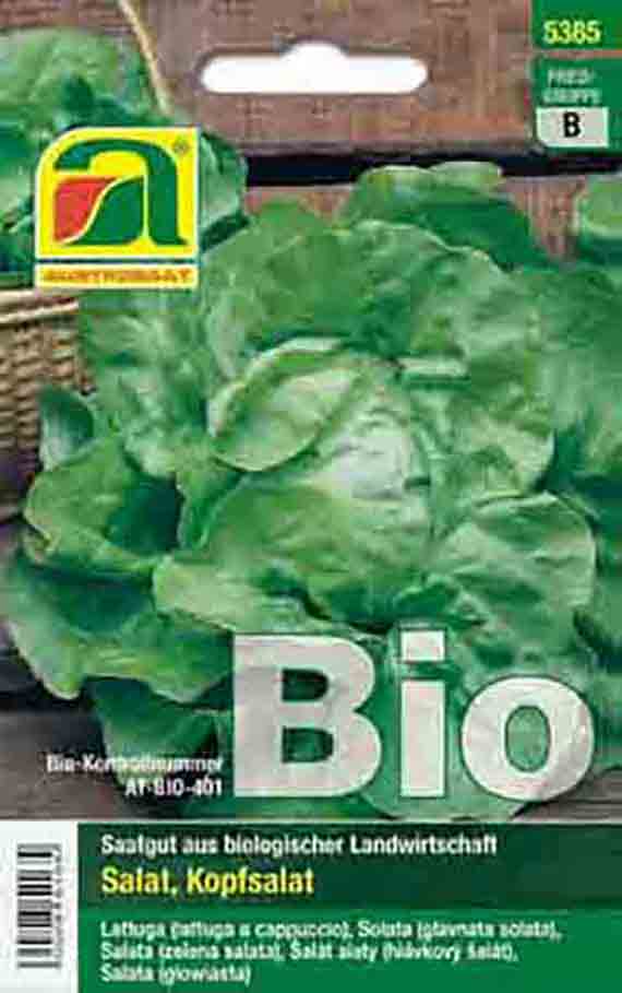 Vorderseite einer Samenpackung Bio-Kopfsalat (Kopfsalat-Saatgut) mit grünem Kopfsalat-Motiv und Bio-Logo; Text: 'Salat, Kopfsalat' und Hinweis auf biologische Landwirtschaft.
