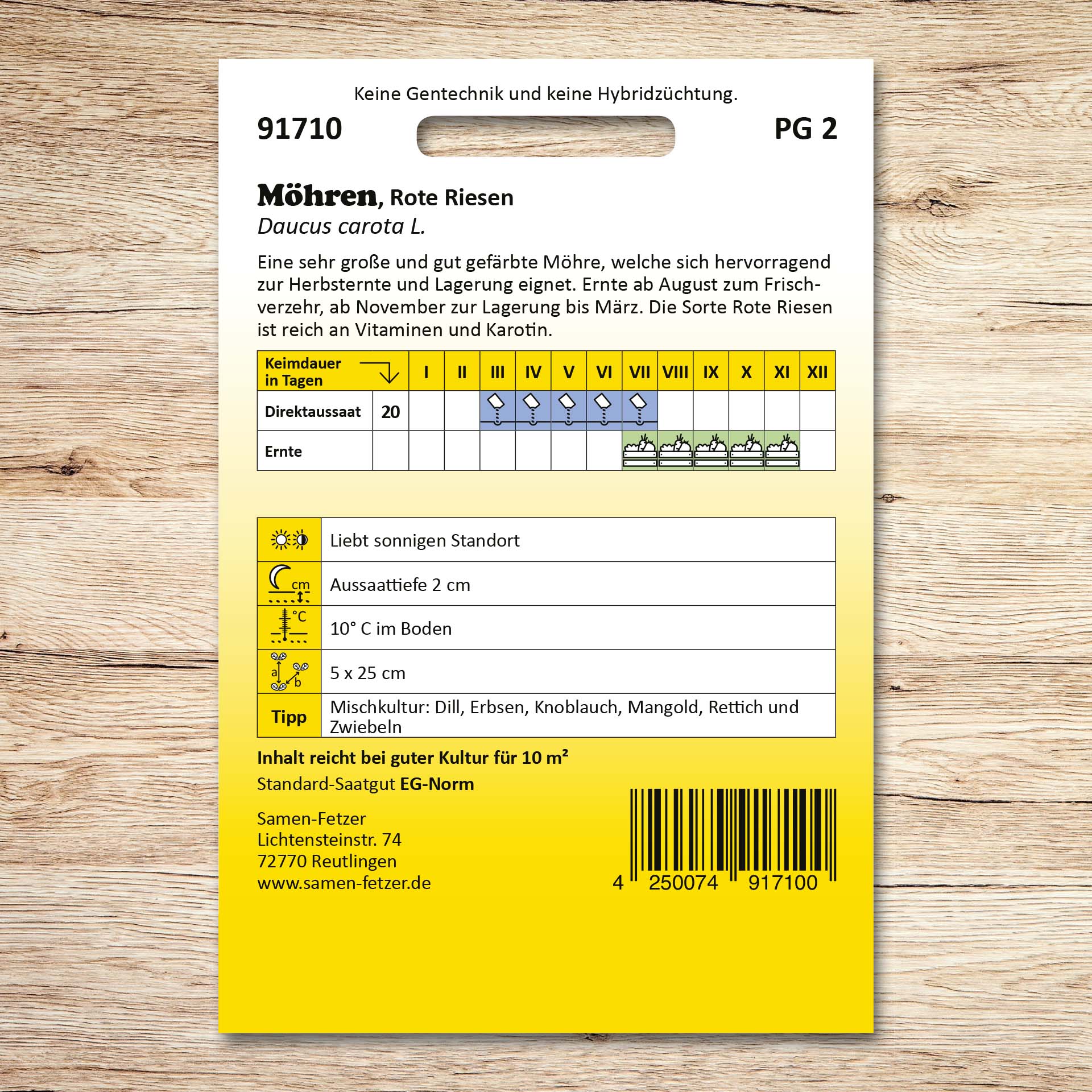 Rückseite der Samen-Fetzer Saatgutverpackung Möhren Rote Riesen mit Infos zu Aussaat, Herbsternte, Lagerung bis März sowie Anbauhinweisen für die große, vitaminreiche Karottensorte.