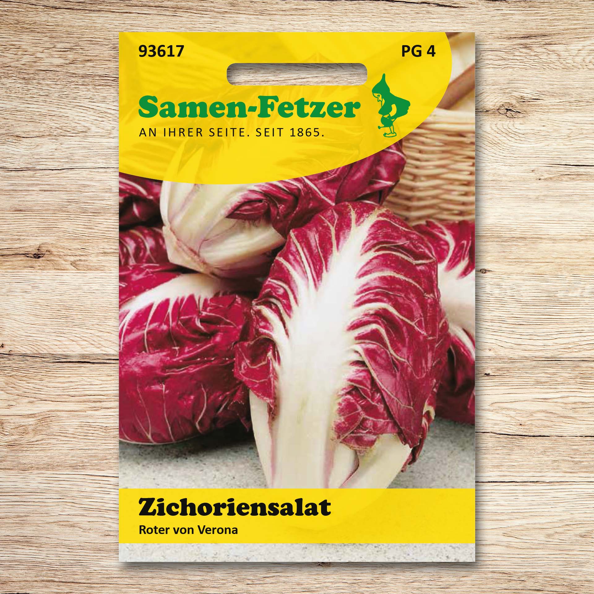 Saatgutpackung Samen-Fetzer Zichoriensalat Roter von Verona mit festen, weinroten Rosetten und weißen Rippen, Feinschmecker-Salat für frühen Erntegenuss