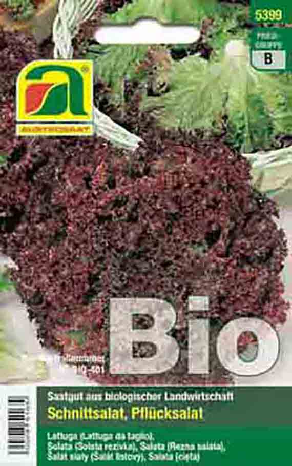 Verpackung für Bio-Saatgut Schnittsalat (Pflücksalat) mit Foto dunkelroter, krauser Salatblätter und Produktaufdruck