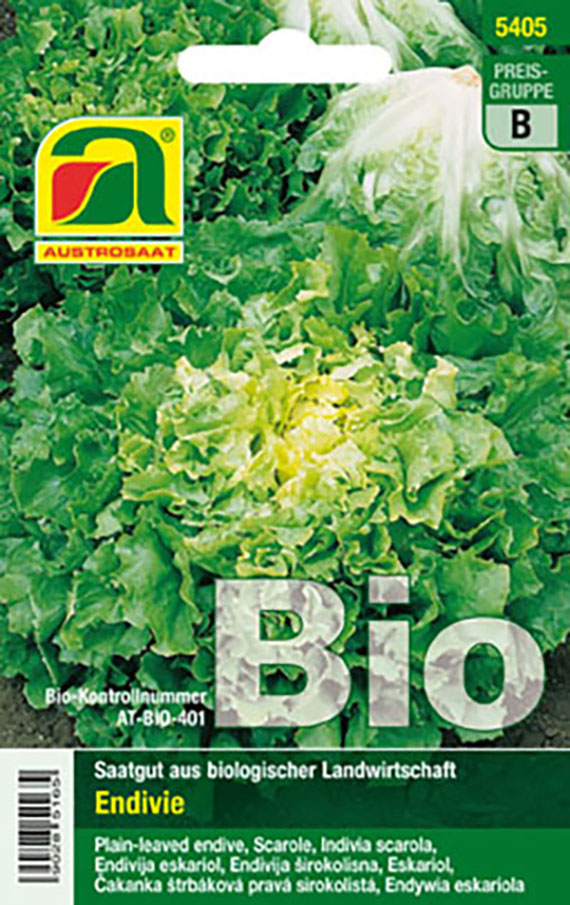 Packung Bio-Saatgut Endivie (Scarole) von Austrosaat mit Foto grüner Endivien, großer Schriftzug 'Bio' und Hinweis 'Saatgut aus biologischer Landwirtschaft'