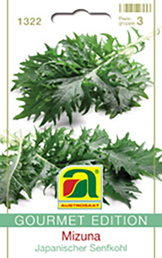 Saatgutverpackung Mizuna Grün Japanischer Senfkohl mit gezackten grünen Blättern, asiatische Spezialität mit mild-würzigem Geschmack, ideal für Salate und Wok-Gerichte.