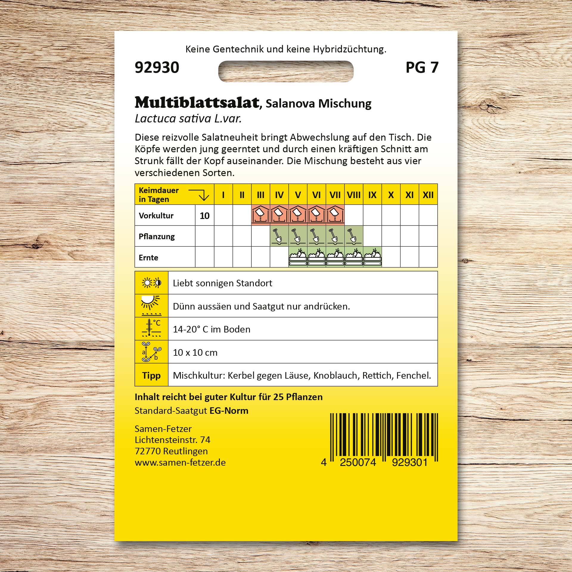 Rückseite der Samen-Fetzer Samentüte Multiblattsalat Salanova Mischung mit Aussaatkalender und Pflegehinweisen für vier Blattsalatsorten.