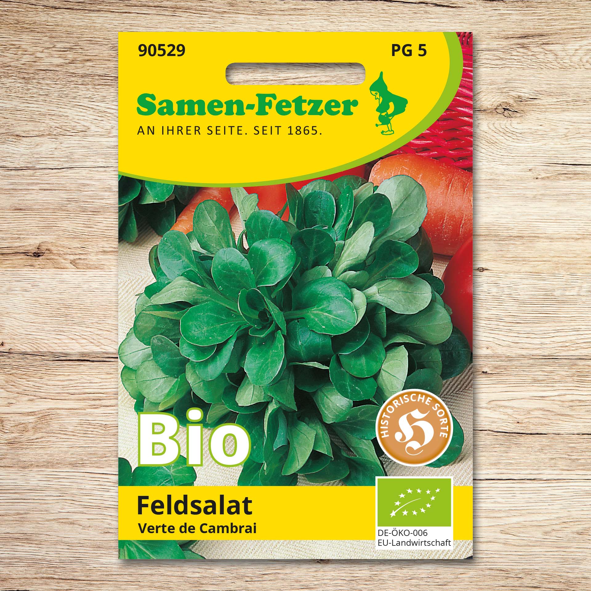 Saatgutpackung Bio Feldsalat Verte de Cambrai von Samen-Fetzer mit dichtem, rundblättrigem Ackersalat – historische, winterfeste und aromatische Sorte
