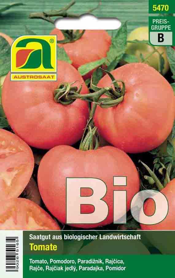 Saatgut-Packung 'Austrosaat Bio Tomate' mit roten Tomatenabbildungen und Schriftzug 'Bio'.