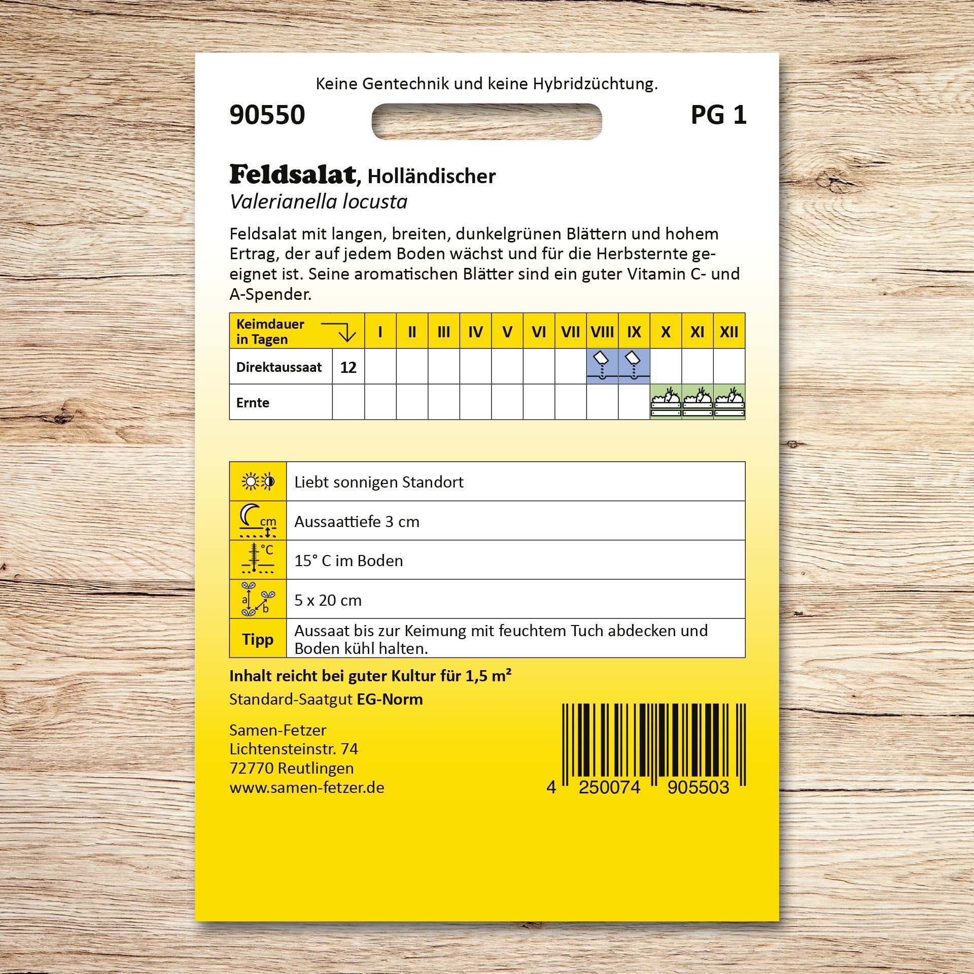Rückseite der Samenpackung Feldsalat Holländischer von Samen-Fetzer mit Aussaatkalender, Herbsternte-Hinweisen und Infos zu breitblättrigem, dunkelgrünem Ackersalat für humosen, kalkhaltigen Lehmboden.