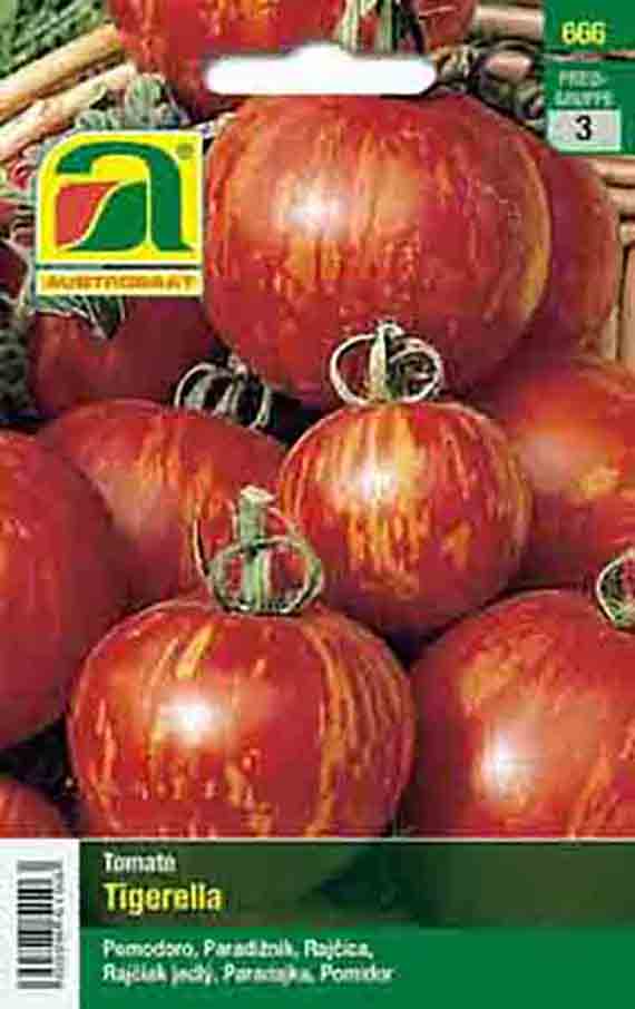 Verpackung Tomatensamen 'Tigerella' mit gestreiften roten und gelben Cocktail-Tomaten