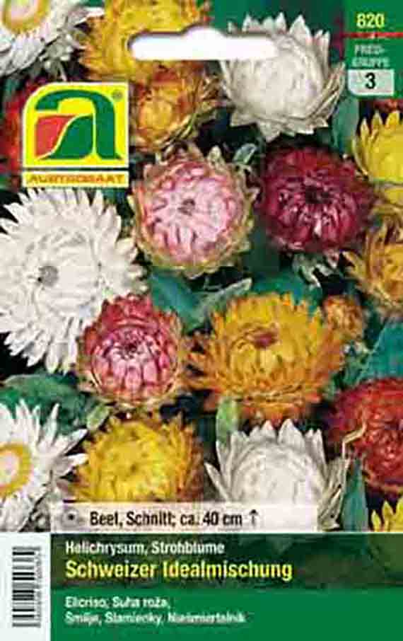 Packung Saatgut Strohblume (Helichrysum) 'Schweizer Idealmischung' mit bunten papierartigen Blütenabbildungen, Markenlogo und Hinweis 'Beet, Schnitt, ca. 40 cm'.