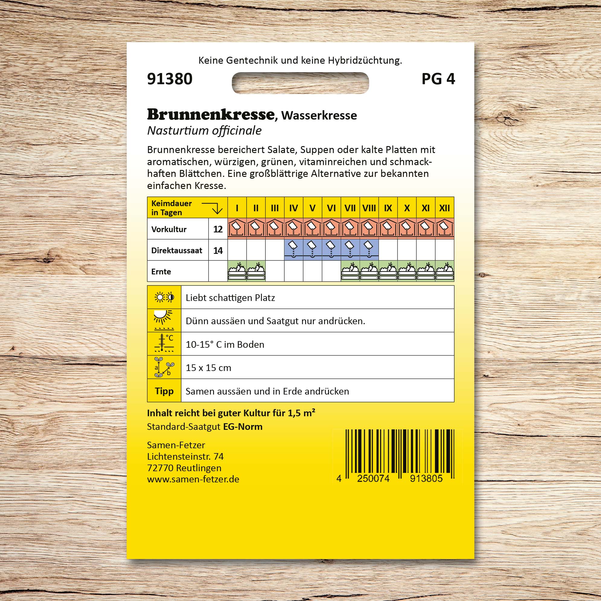Rückseite der Samenpackung Brunnenkresse Wasserkresse von Samen-Fetzer mit Aussaatkalender, Erntezeiten und Pflegetipps für aromatische, würzige Blätter für Salate und Suppen