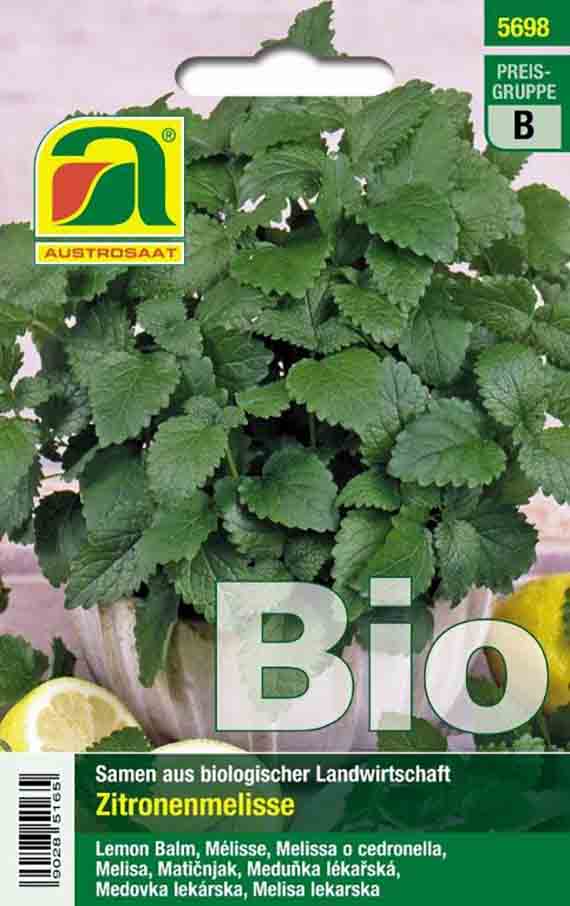 5698 Samenpackung Austrosaat Bio Zitronenmelisse (Melissa officinalis) mit Nahaufnahme grüner Blätter, Markenlogo oben links, großem Schriftzug Bio und Produktname auf der Vorderseite