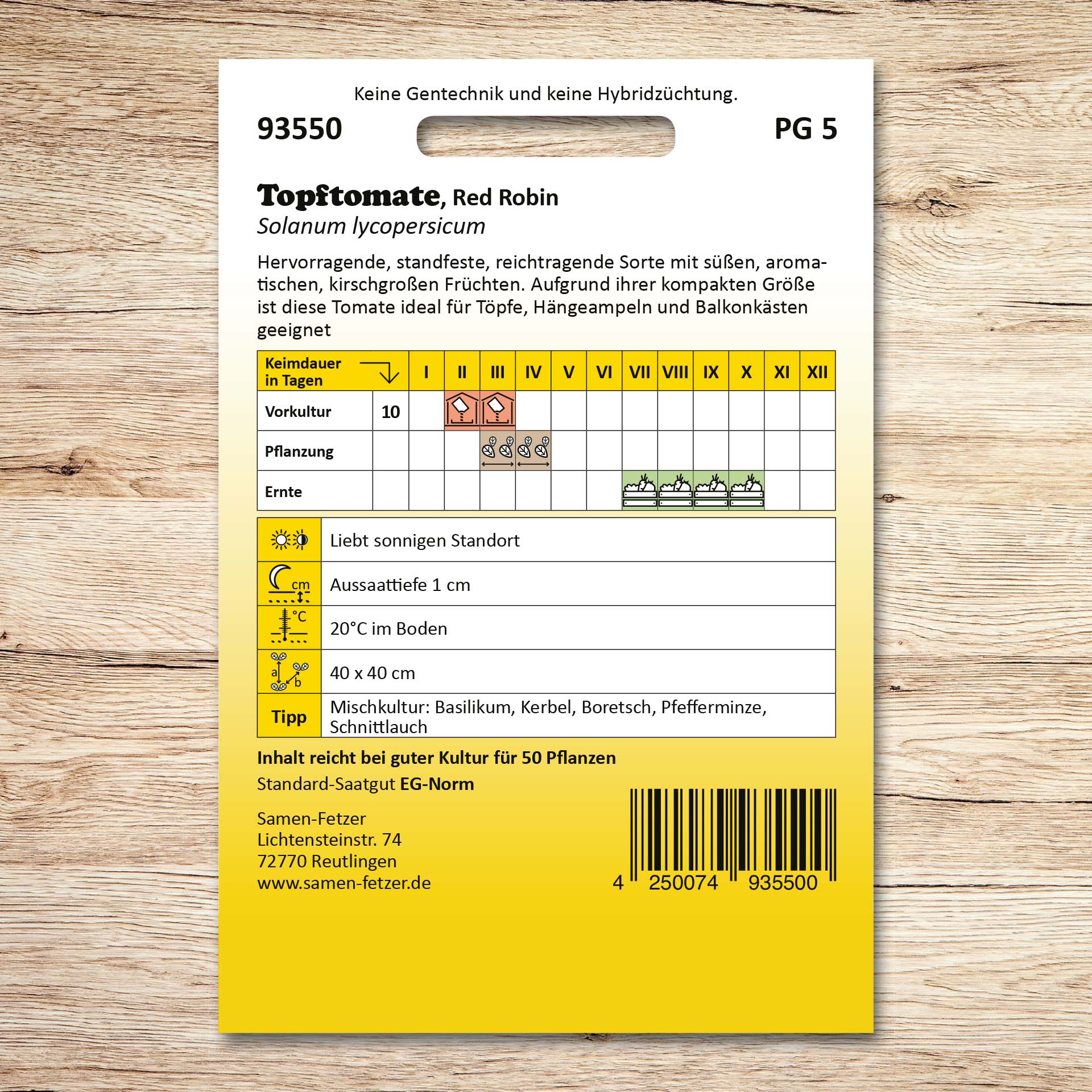 Rückseite der Saatgutpackung Topftomaten Red Robin von Samen-Fetzer mit Aussaatkalender und Pflegeinfos für kompakte, reichtragende Balkon-Tomaten mit süßen, aromatischen, kirschgroßen Früchten.